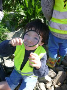tamariki learning to use a magnifying glass to see tiny invertebrates